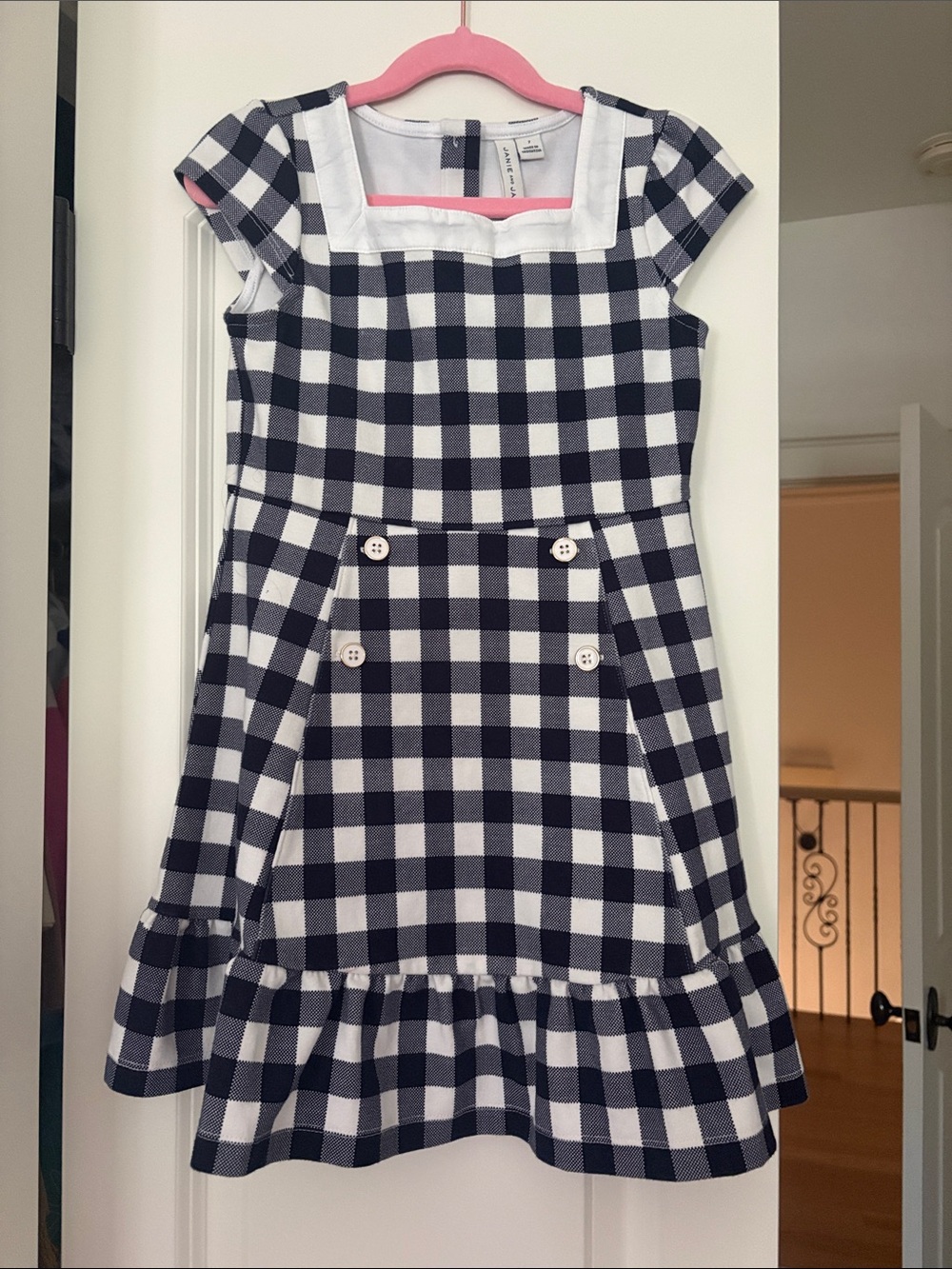 Janie & Jack Girls Navy and White Gingham Dress with Ruffle Hem